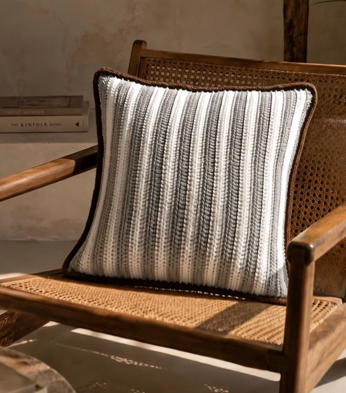 Faro Haus Living Grey Stripes White hand knitted Cushion